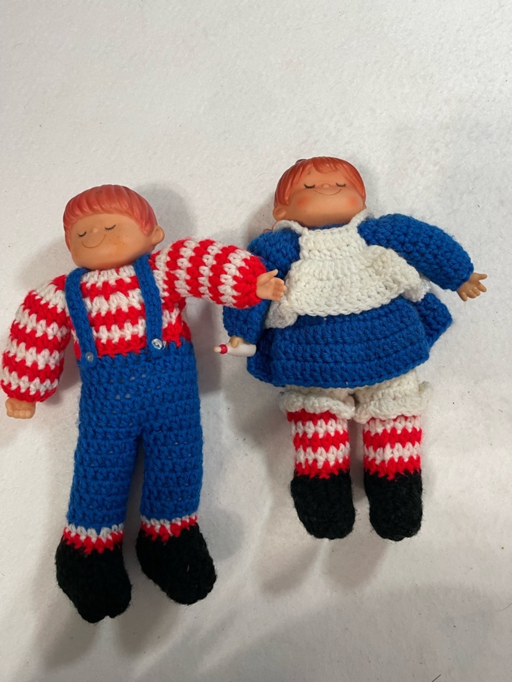 Handmade Blue & Red Crochet Doll with plastic head and hands